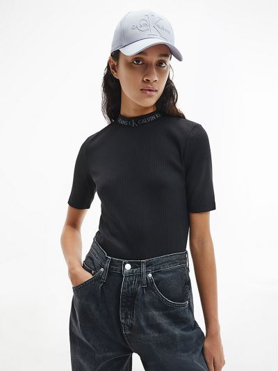 Calvin Klein Ruhák HU604753 | Calvin Klein Logo Collar Rib-Knit Női Póló Fekete